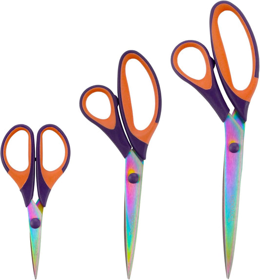 BambooMN Titanium Softgrip Scissors Set for Sewing, Arts, Crafts, Office - Purple w/Orange - 3 Set of 3