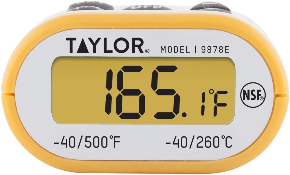 Taylor Compact Waterproof Digital Food Thermometer, 4.5 Inch Stem Length with an FDA Recommended 1.5mm Stepdown Probe Diameter and Amber Backlit LCD, HOLD, Min/Max; NSF, Yellow