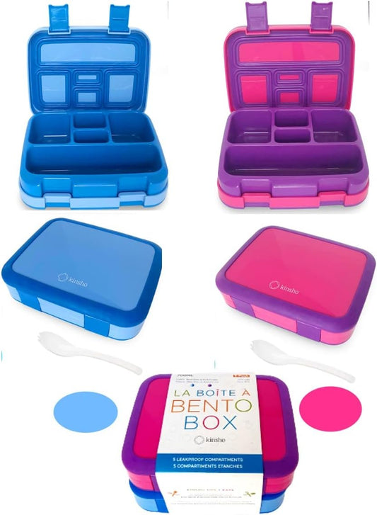 kinsho Bento Lunch Box for Kids Toddlers Boys Girls, 5 Portion Sections Secure Lid, Microwave Safe BPA Free Removable Tray, Pre-School Kid Daycare Lunches Snack Container, Blue & Pink Purple 2 pack