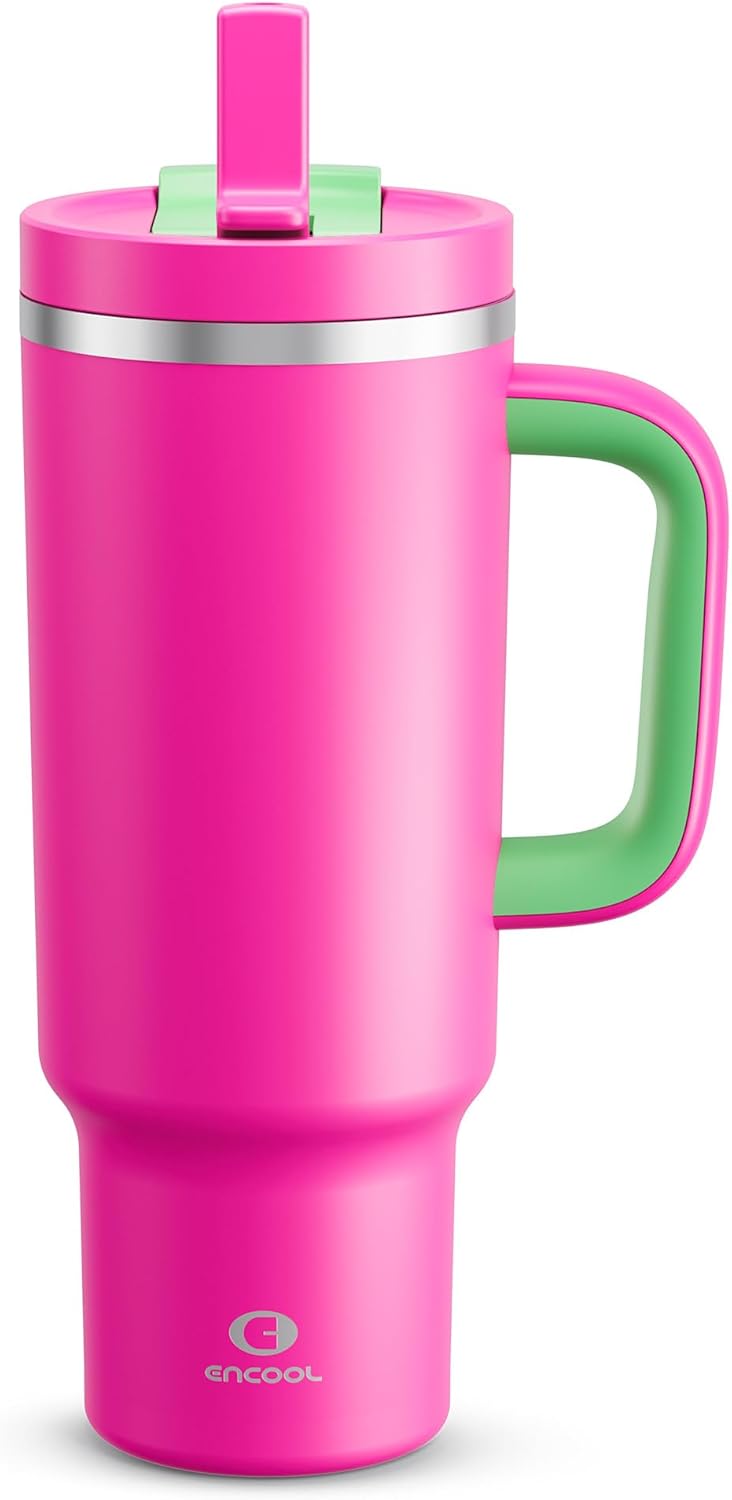 40 oz Tumbler with Handle and Straw: Stainless Steel Insulated Tumbler Keeps Cold for 24 Hours, Leakproof Travel Cup Fits in Cup Holder and BPA-Free,Knockout Pink