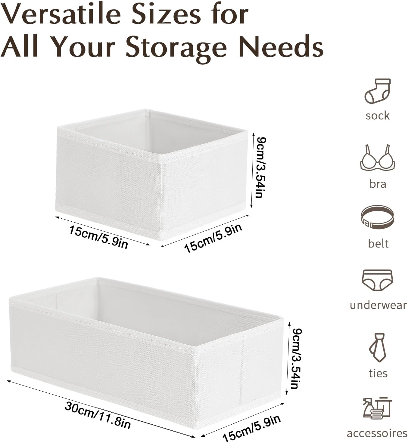 DIMJ Drawer Organizers - Set of 4 Fabric Closet Organizers and Storage, Drawer Dividers for Baby Clothes, Socks, Belt, Tie (White)