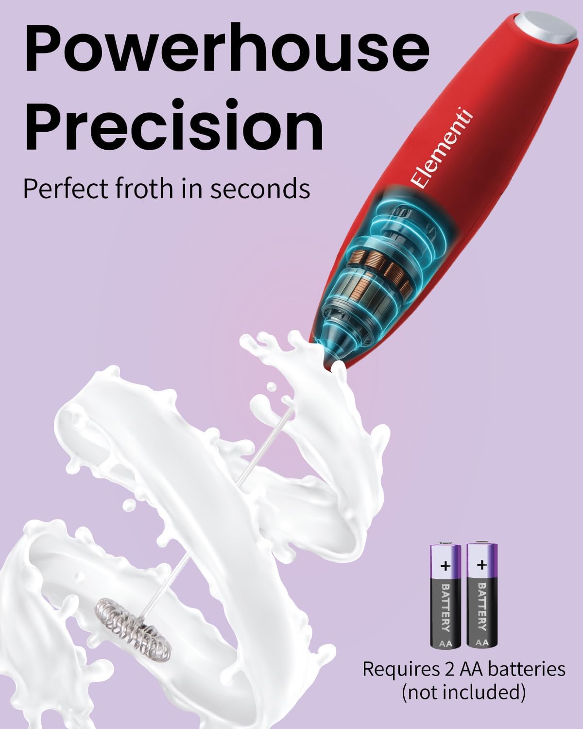 Elementi Electric Milk Frother Handheld, Matcha Whisk, Milk Foamer for Coffee Foamer Electric Handheld Drink Mixer, Electric Mini Whisk Small Hand Mixer, Frappe Maker (Red)