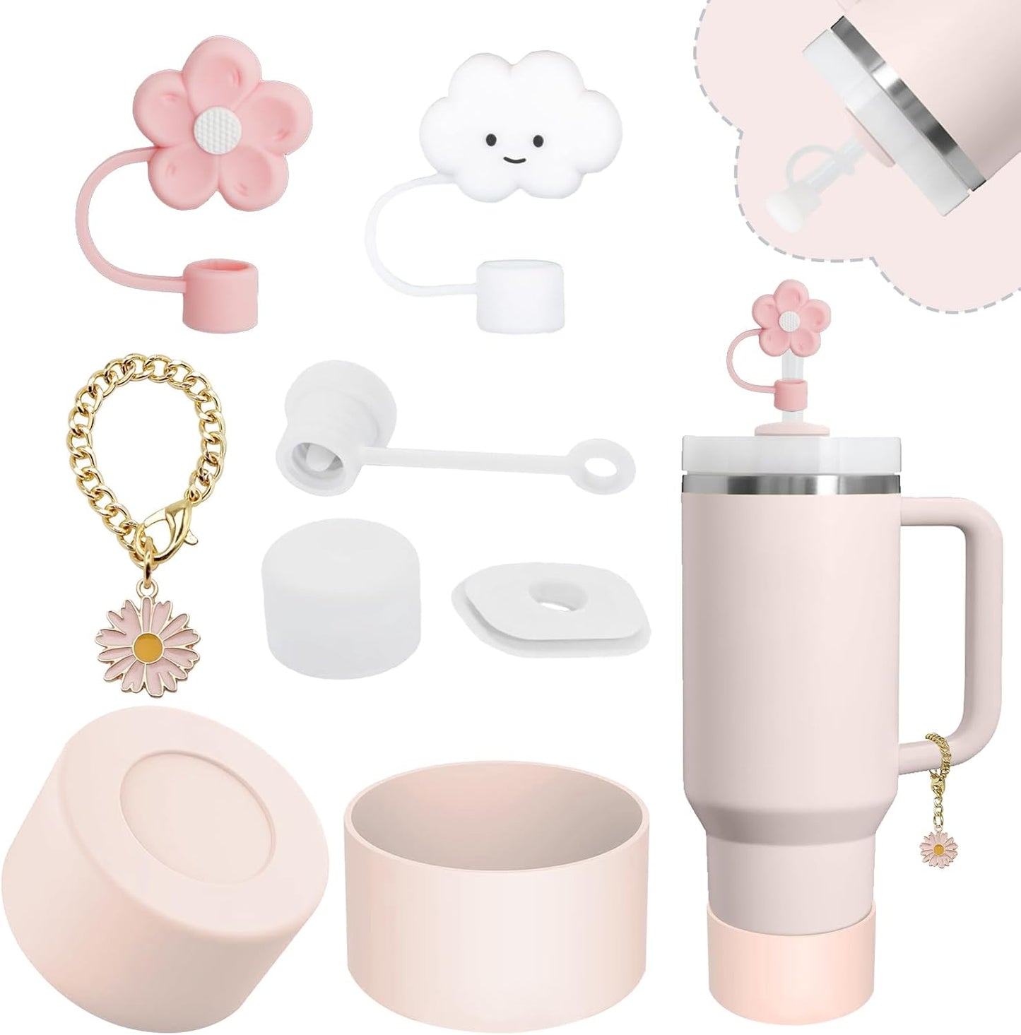 Stanley Cup Accessories Set,Including 2 Pcs 0.4in Straw Cover, 1 Silicone Spill-Proof Stopper Set of 3, 1 Cute Butterfly Handle Charm, 1 Silicone Boot Fits Stanley 40&30 Oz Tumbler (Rose Quartz)