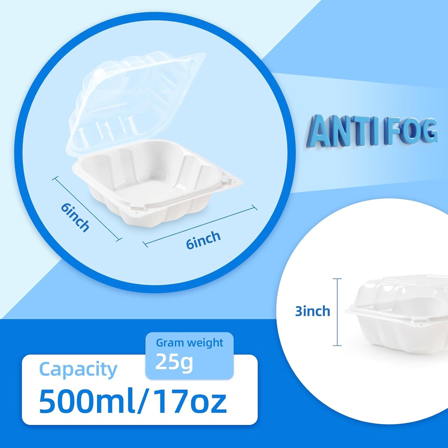 YANGRUI Food Containers 6" 17 oz 55 Pack - Reusable Crystal View Fog Resistant Lid BPA Free Pure PP Plastic Burger Box | Shrink Sealed Hygienic Freezer & Microwave Safe | White Sushi Takeout Container