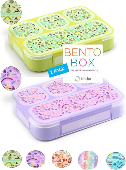 kinsho Bento-Box Lunch-Box for Kids Toddlers, Lunch and Snack Containers for Daycare, School, Boys & Girls, BPA-Free, Utensils Included (Chartreuse Forest + Purple Rainbow, 2 Pack)