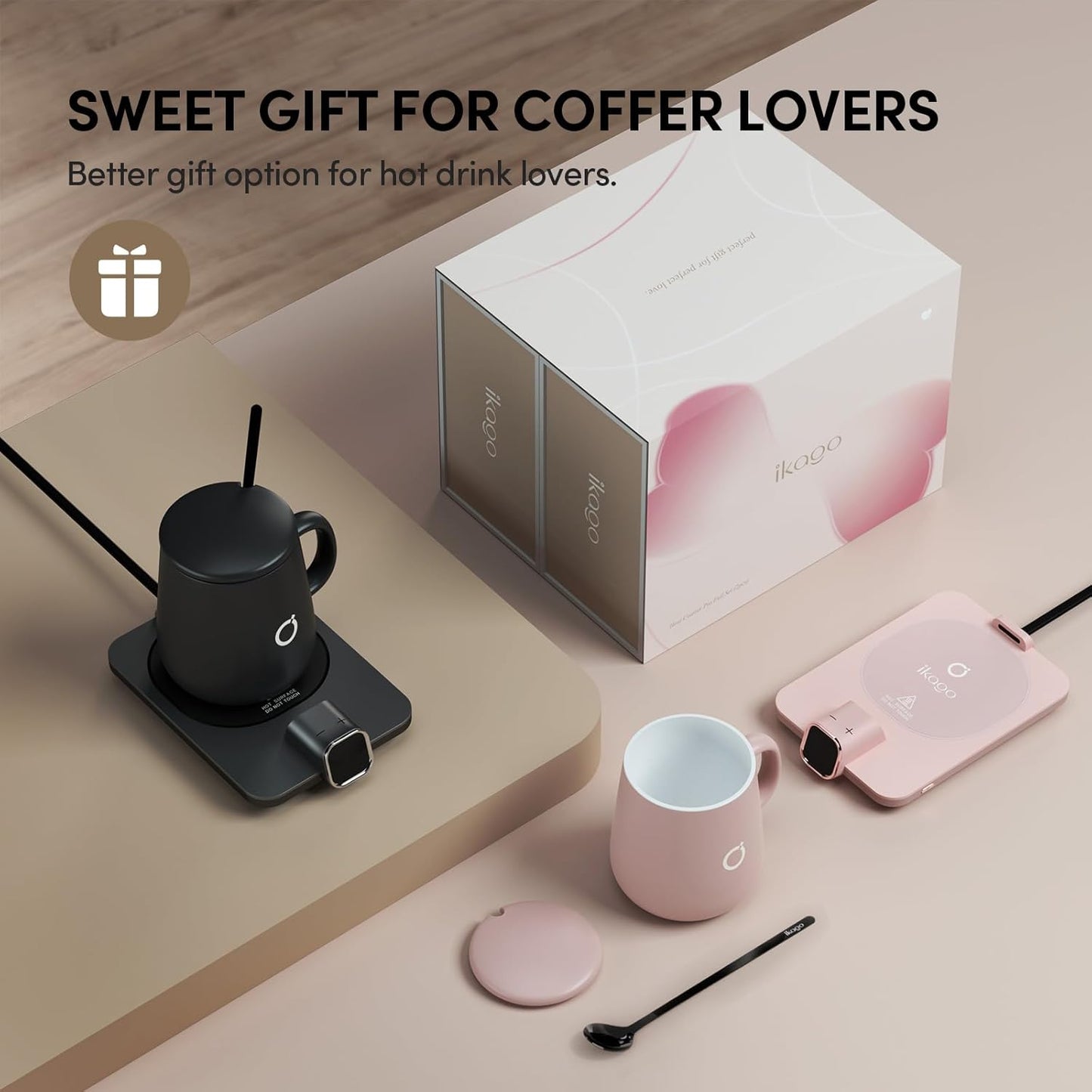 2Pcs Heated Coffee Mug Warmer & Mug Set - Heated Mug Warmer Plates with Auto Shut Off, 1°F Precise Electric Coffee Warmer Plates for Desk, Valentine's Day Gift for Couple, Dark Grey and Pink