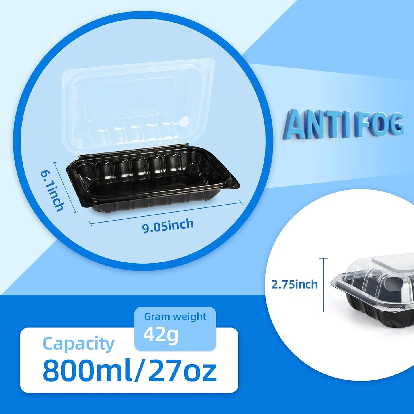 YANGRUI Food Containers 9x6 Inch 27 oz 30 Pack - Anti Fog Clear Lid for Display | BPA Free PP Plastic | Reusable Heavy Duty Freezer & Microwave Safe | Shrink-Wrap Freshness Bakery Takeout Container