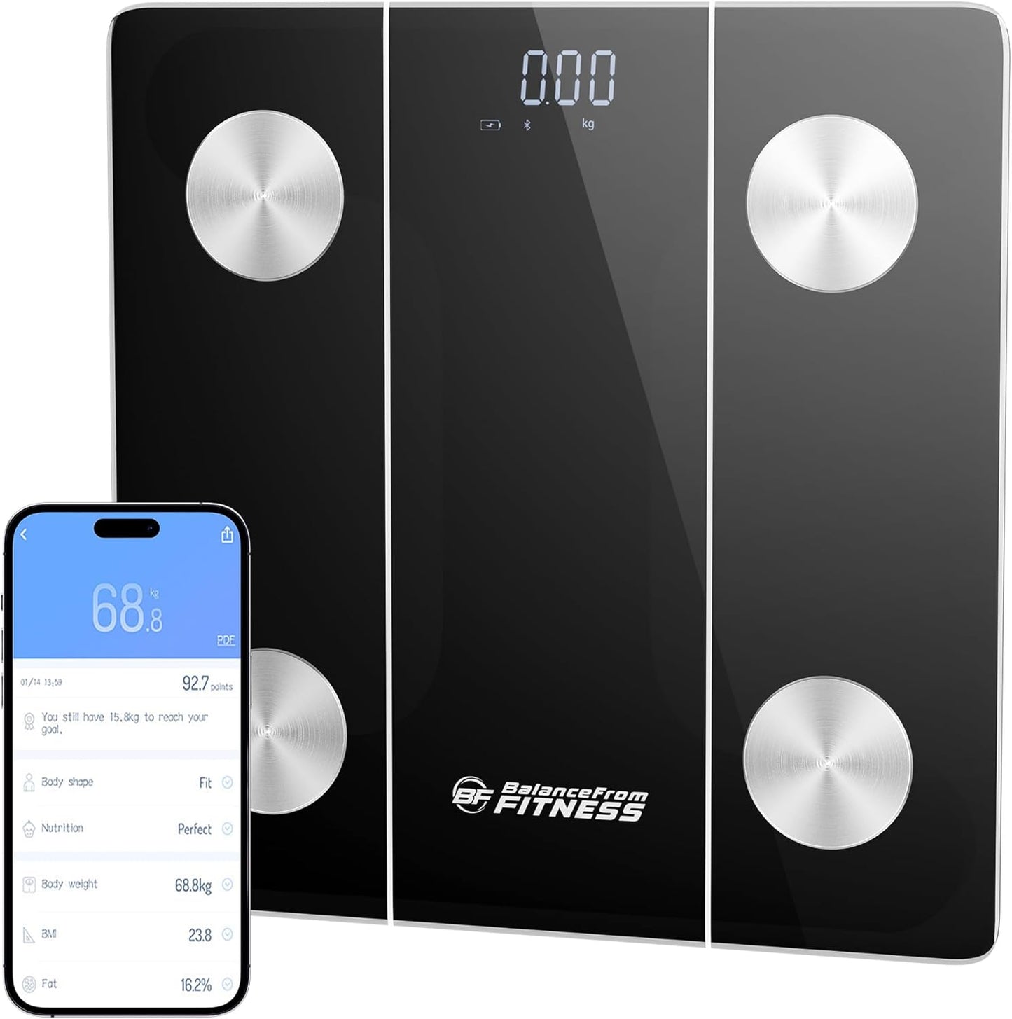 BalanceFrom Smart Scale for Body Weight Digital Bathroom Bluetooth BMI Body Fat Scale with 12 Body Composition Analyzer, Tempered Glass Weighing Scale LED Display Sync with Apps, 400lbs