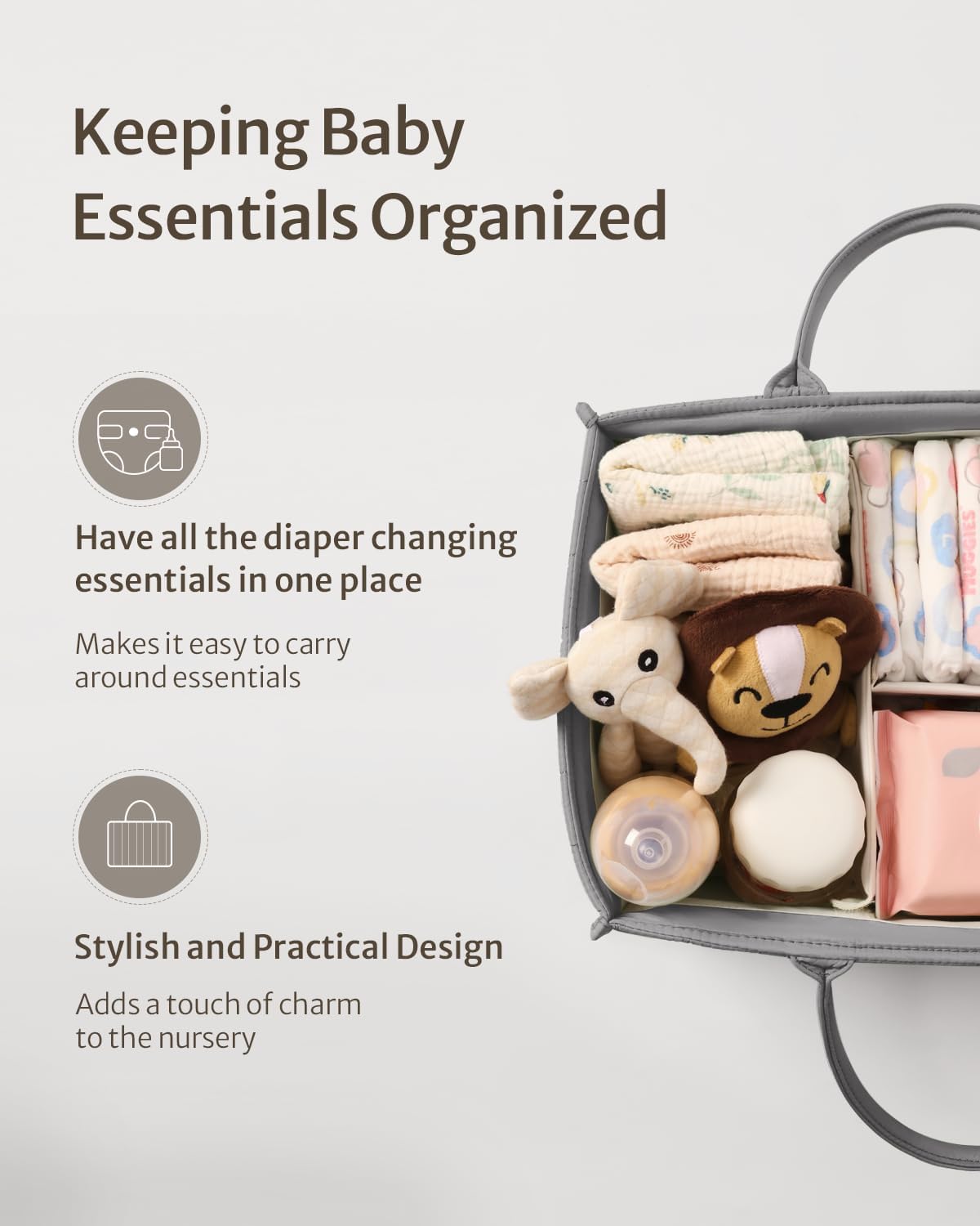 Blissful Diary Baby Diaper Caddy Organizer, Stylish Storage Basket for Newborn Essentials and Diaper Station, Gift for Baby Shower and Registry Must-Have, Light Gray