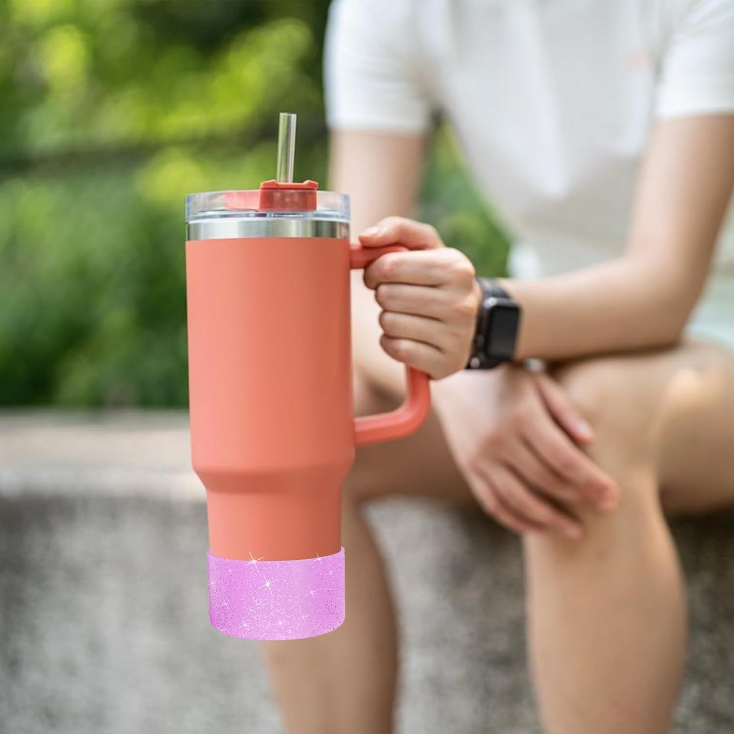 Upgrade 2PCS Protective Silicone Boot Bumper for Stanley Quencher Adventure 40oz 30oz IceFlow 20oz 30oz Tumbler, Water Bottle Bottom Sleeve Cover Accessories for Stanley Mug Cup(Glitter Purple)