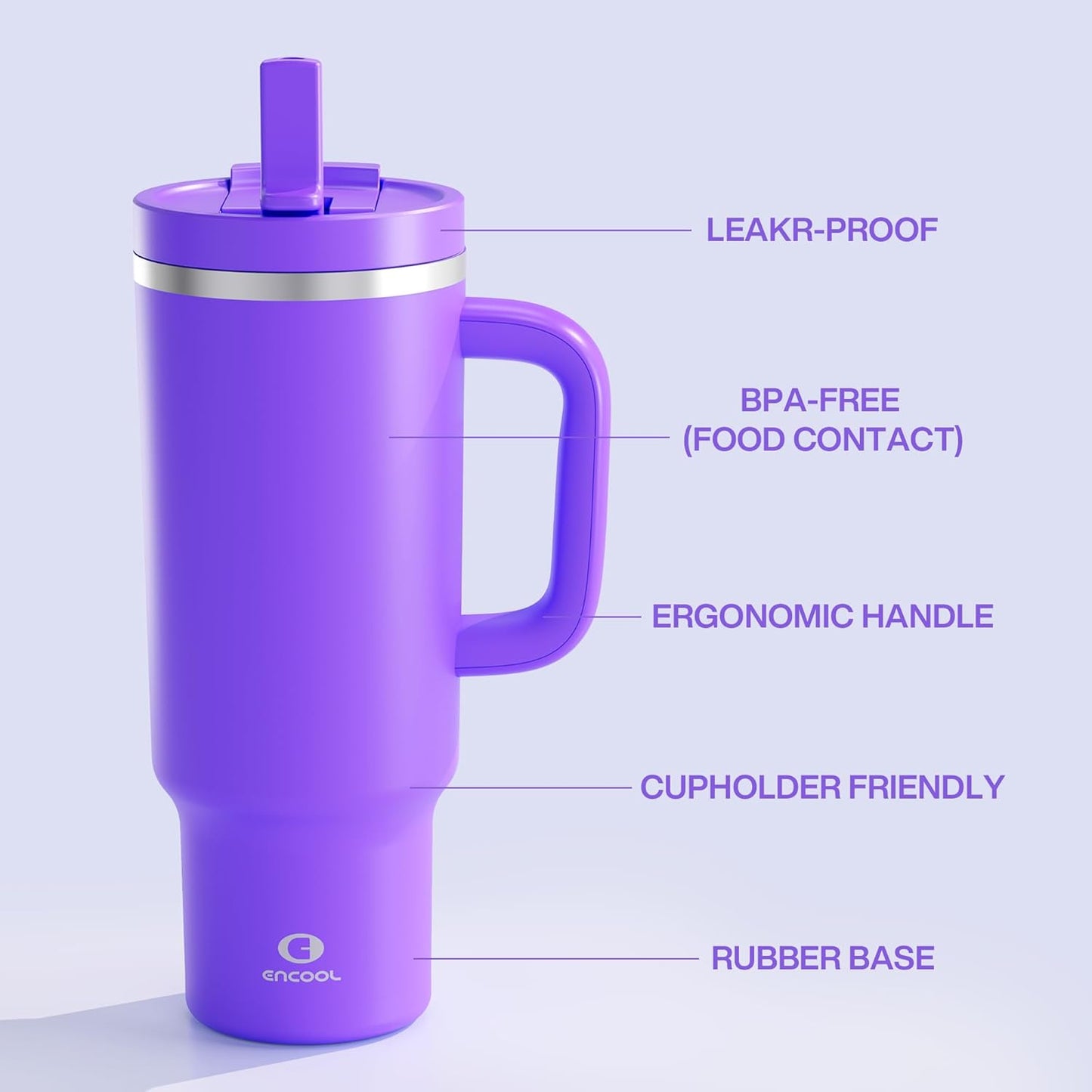 40 oz Tumbler with Handle and Straw: Stainless Steel Insulated Tumbler Keeps Cold for 24 Hours, Leakproof Travel Cup Fits in Cup Holder and BPA-Free,Violet
