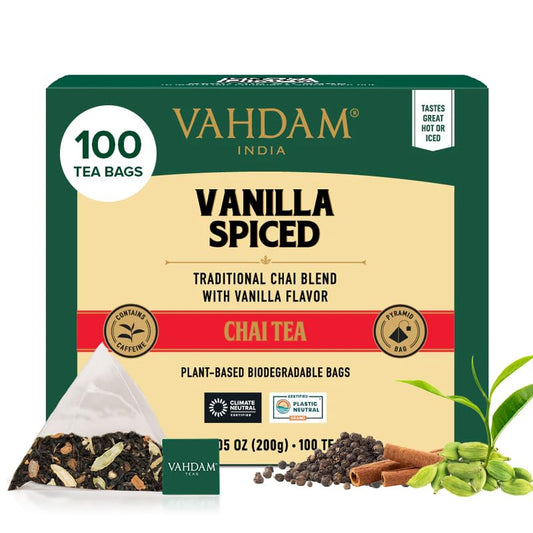 VAHDAM, Vanilla Spiced Chai Tea | 100 Tea Bags | Delicious Blend of Vanilla Masala Chai | Brew Hot, Cold or Iced
