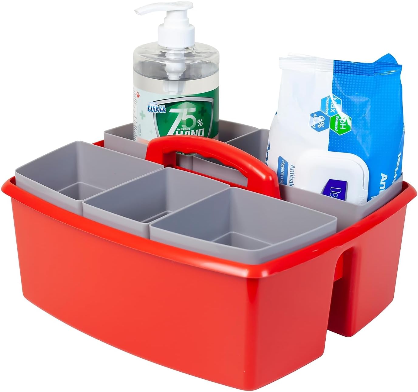 Storex Large Classroom Caddy with Cups, 13 x 11 x 6.575 Inches, Red, Case of 2 (00981U02C)