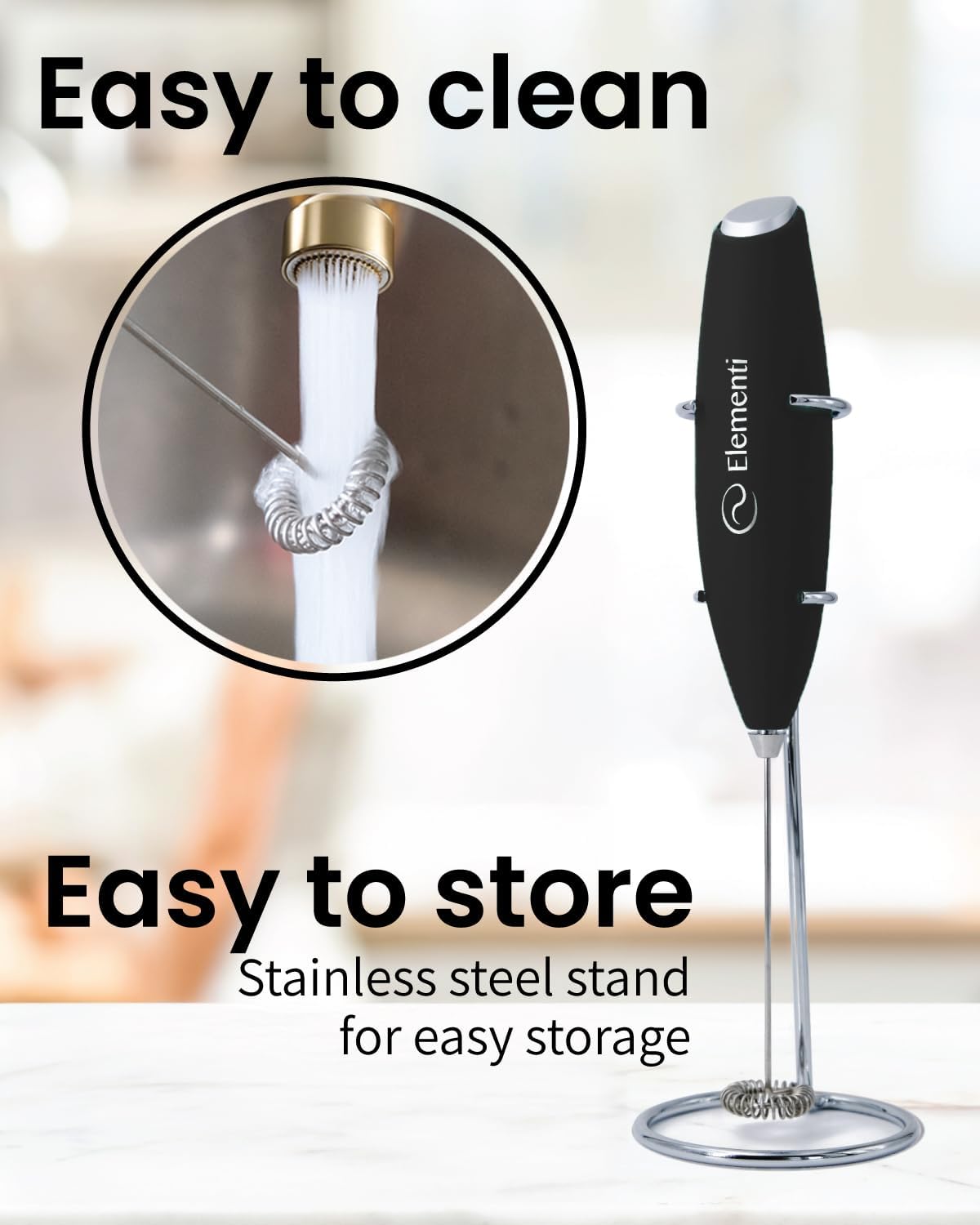 Elementi Electric Milk Frother Handheld - Make Creamy Lattes, Delicious Cappuccinos and Perfect Drinks - Compact Mixer & Coffee Stirrer with Whisk (White)