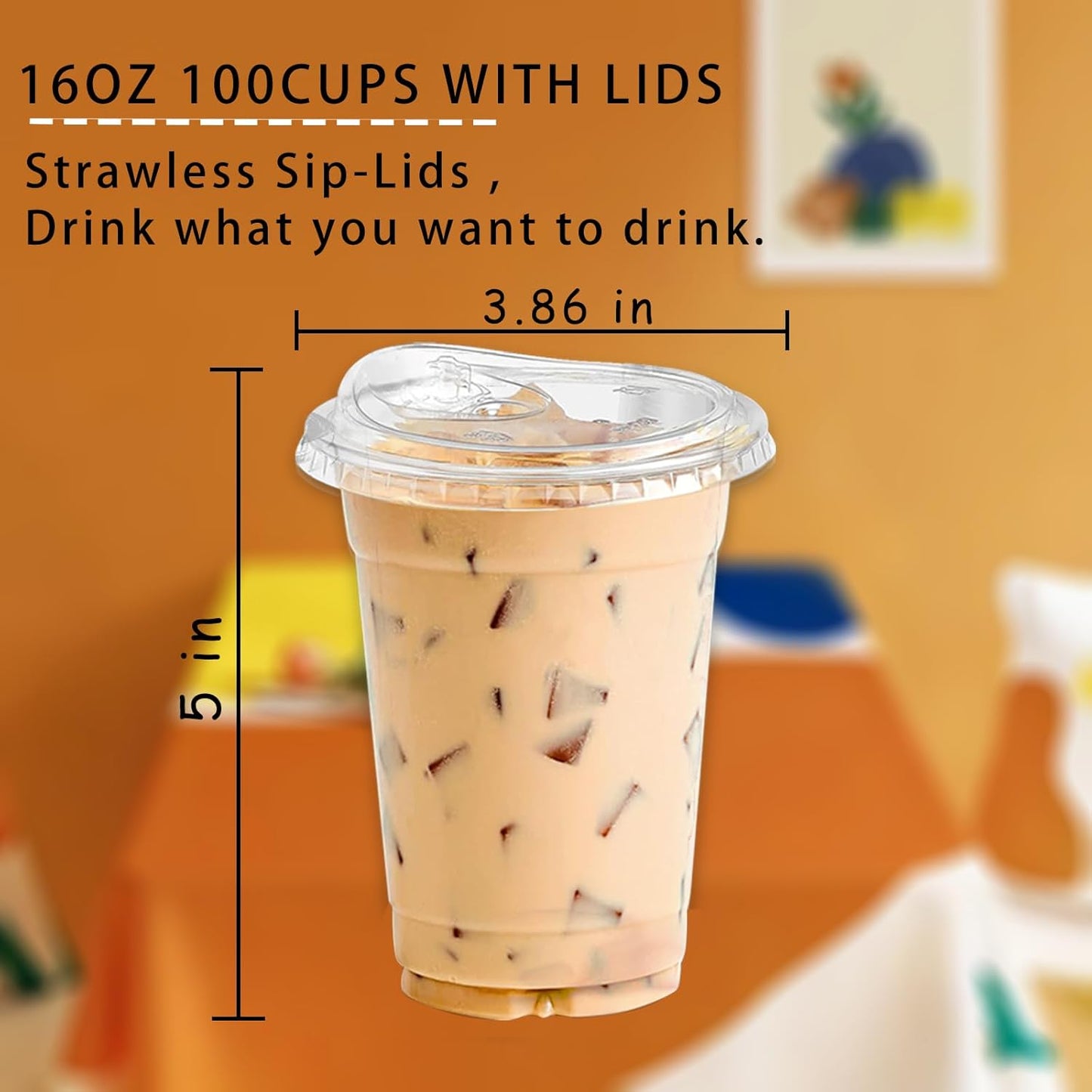 TashiBox 16oz100 Sets Clear Plastic Cups With Strawless Sip Through Lids,Clear Crystal disposable plastic cups,smoothie cups