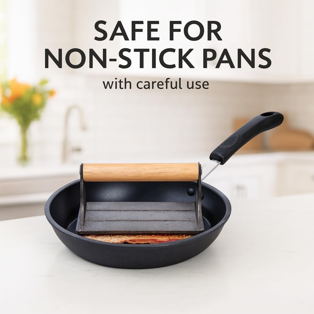 HIC Kitchen Bacon Press, Heavyweight Cast Iron, Rectangular With Wood Handle, For Stovetop Grill And Griddle