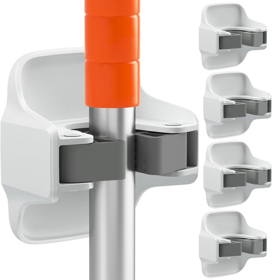 reliahom 5 Pack Broom Holder Wall Mount Mop Grippers No Drilling Self Adhesive Anti-Slip Mop Handle Hanger Dustpan and Broom Organizer Garage Storage Racks-White