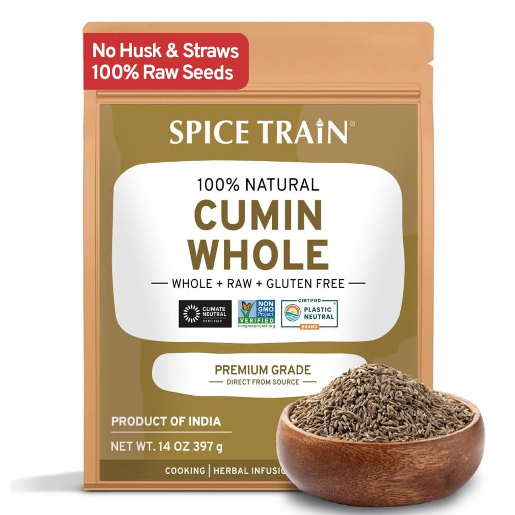 SPICE TRAIN Cumin Seeds (397g/14oz) Non GMO, Gluten Free, 100% Raw, Sourced from India, Excellent Flavor, Aromatic, For Tempering, Spice Blends and Seasonings, Packed in Resealable Ziplock Pouch