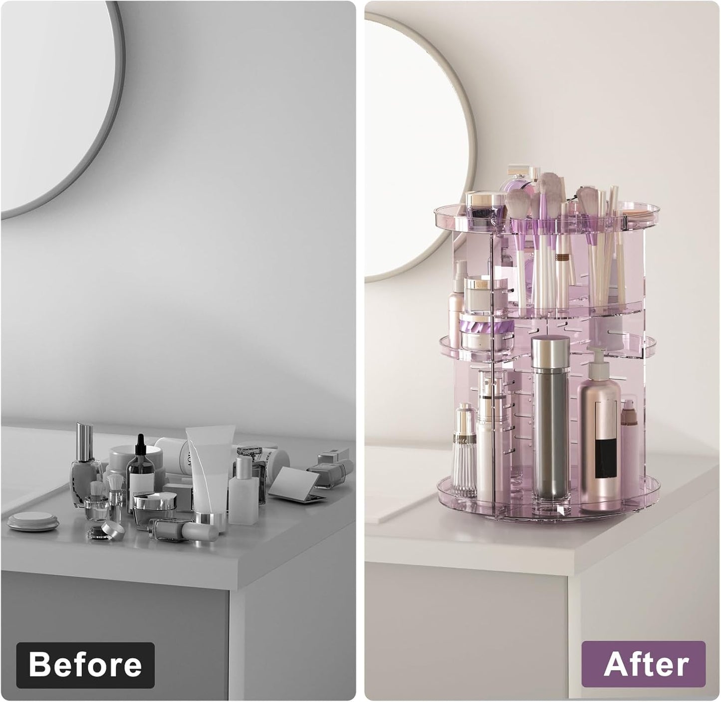 Rotating Makeup Organizer for Vanity, DIY Adjustable Tray Spinning Skincare Organizers Countertop, Cosmetic Display Case with Perfume Tray Brush Holder, Bathroom Desk Corner Storage Carousel Rack