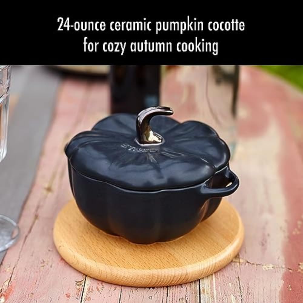 STAUB Ceramic 0.75-qt Petite Ceramic Pumpkin, Oven & Stove Safe up to 572°F, Pumpkin Dish, Ceramic Baking Dish, Candy Dish, Matte Black