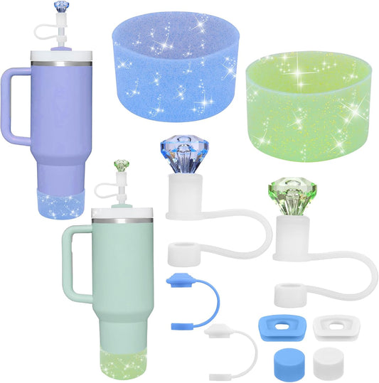Mity rain Set for Stanley Cup Accessories, Including 2Pcs Straw Topper, 4Pcs Silicone Spill Proof Stopper, 2Pcs Protective Glitter Silicone Boot, Set for Stanley Cup 40/30 OZ (Blue+green)