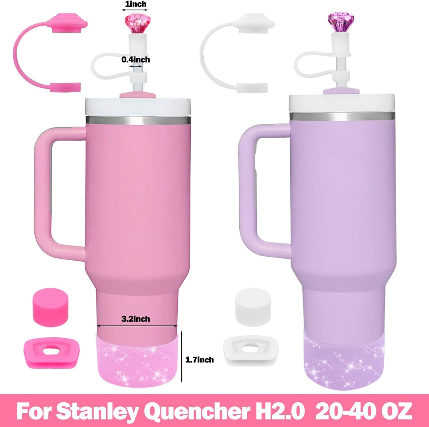 Mity rain Set for Stanley Cup Accessories, Including 2Pcs Diamond Straw Topper, 4 Pcs Silicone Spill Proof Stopper, 2Pcs Protective Glitter Silicone Boot,Set for Stanley Cup 40/30 OZ(Pink+purple)