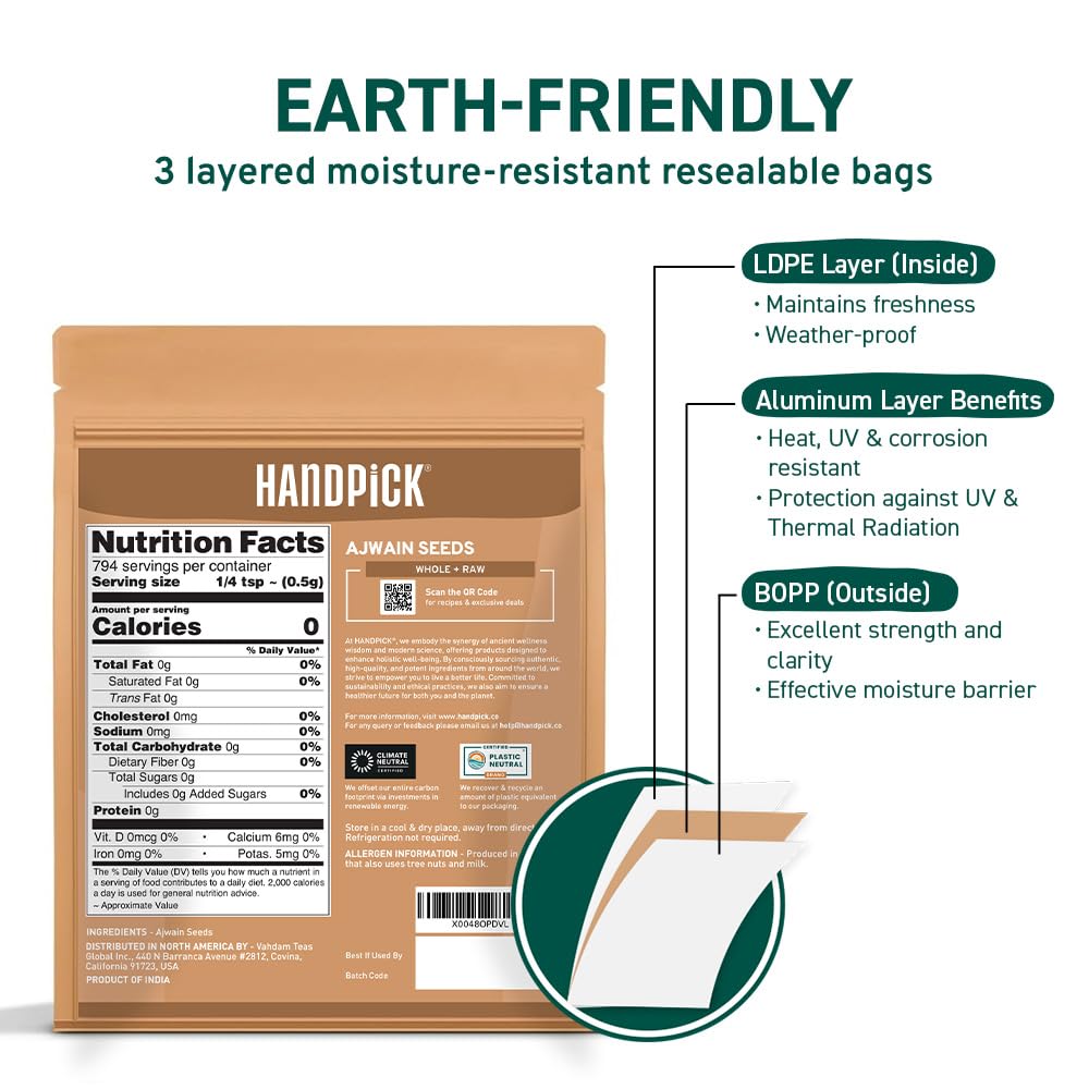 HANDPICK Ajwain Seeds (397g/14oz) Whole Carom Seeds | Vegan, Gluten free, Non GMO | Raw Carom Bishops, Indian Origin | Packed in Resealable Ziplock Pouch