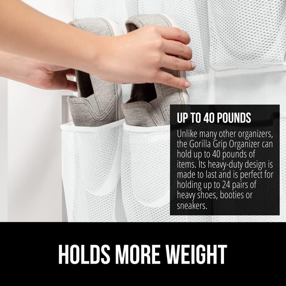 GORILLA GRIP Over the Door Shoe Organizer, 24 Extra Large Breathable Mesh Pockets, Space Saving Hanging Storage Holder, 4 Hook Closet Rack Hanger, Hangs on Closets for Shoes and Accessories, White