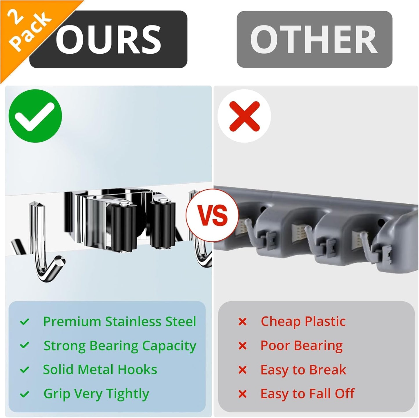 ZONGOOL 2 Pack 3 Racks and 4 Hooks Mop and Broom Holder Wall Mount, Heavy Duty Broom Hanger Organizer Storage Tool Racks Stainless Steel Self Adhesive Wall Hanger for Kitchen Garden Laundry Garage