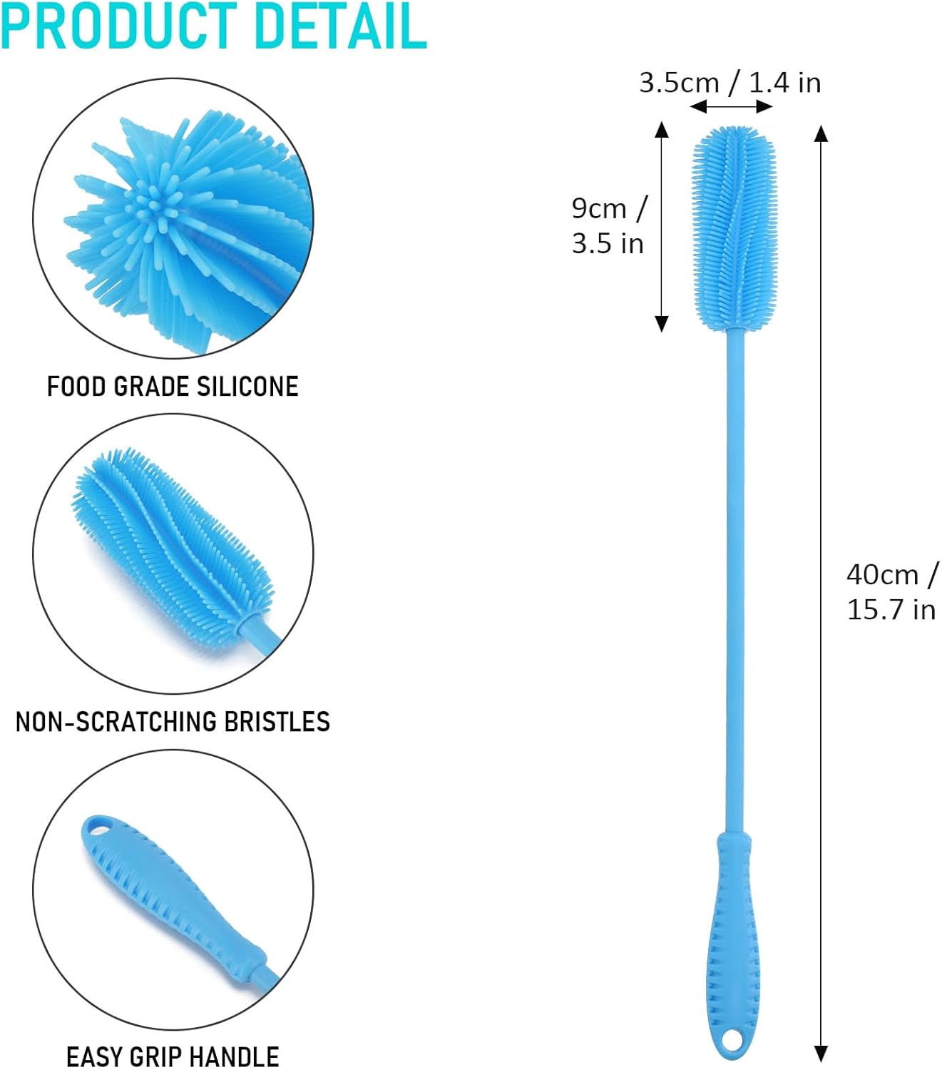 15.7" Silicone Bottle Brush, ddLUCK Water Bottle Cleaner Brush for Stanley, Hydroflasks, Glass, Thermos Sports Bottle, Vase and Glassware, Bottle Brush Cleaner for Small Narrow Neck Containers (Blue)