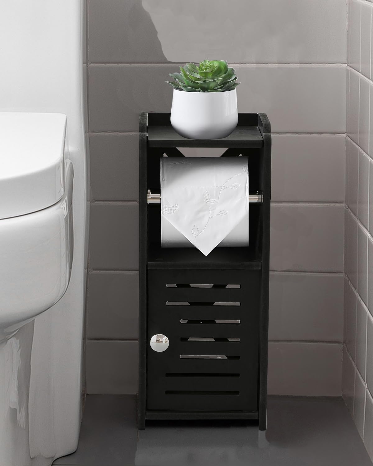 AOJEZOR Toilet Paper Holder Stand: PVC Freestanding Bathroom Cabinet Storage for Apartment Dwellers - Slim Bathroom Storage - Black