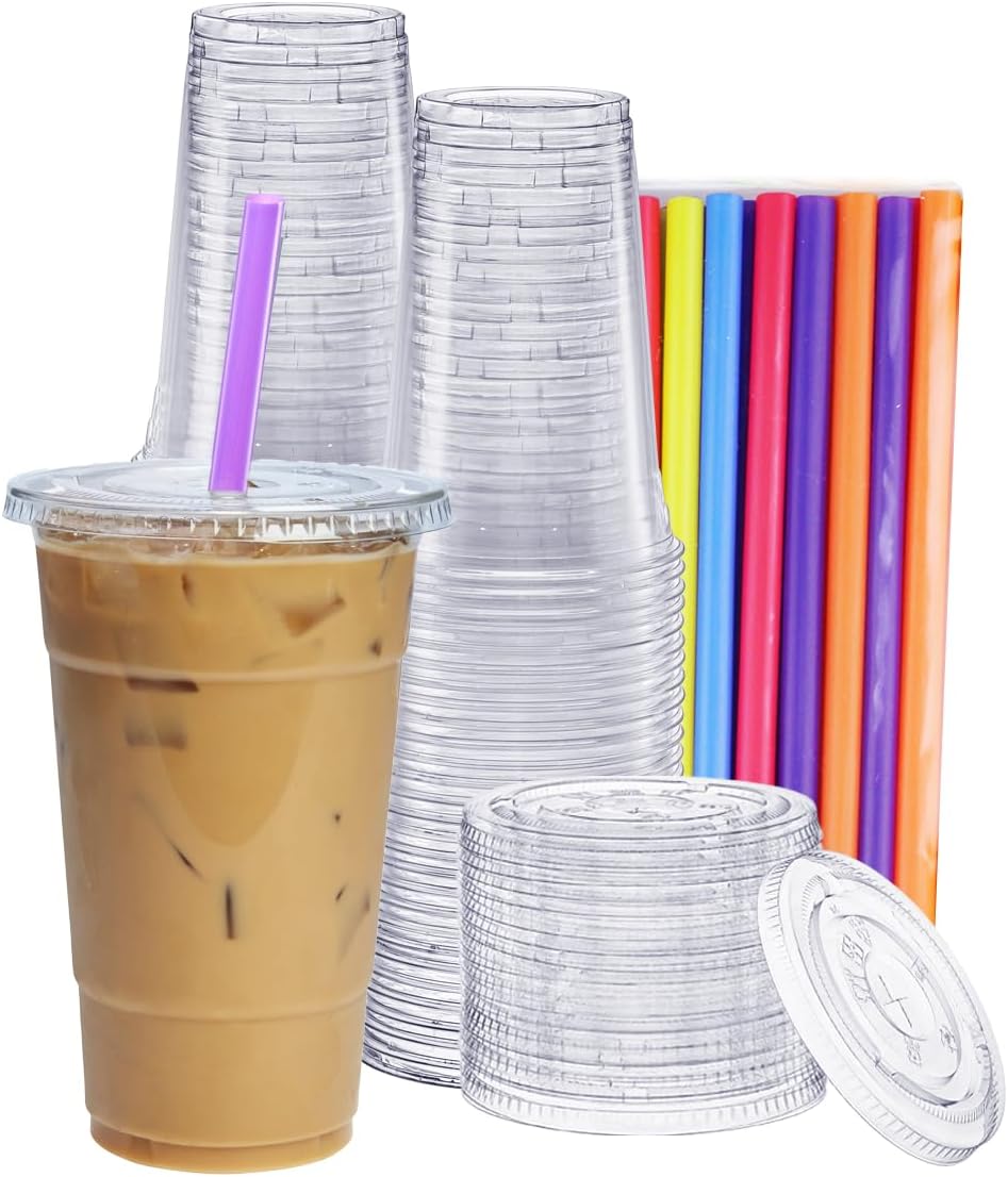 GUSTO [24 oz. - 100 Count Clear Cups with Flat Lids & Straws - Disposable Clear Drinking Cups for Iced Coffee, Cold Drinks, Milkshakes, and Smoothies - Formerly Comfy Package