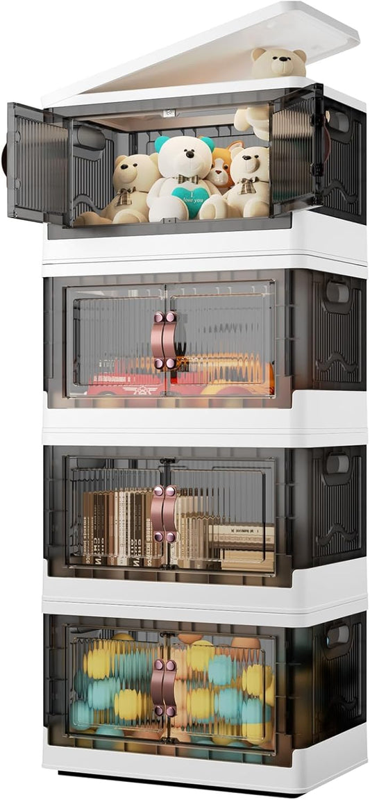 4 Tier Plastic Storage Bins with Lid 23QT, Stackable Storage Containers with Wheels, Folding Boxes, Collapsible Bins, Closet Organizers and for Living Room,Office,Dorm