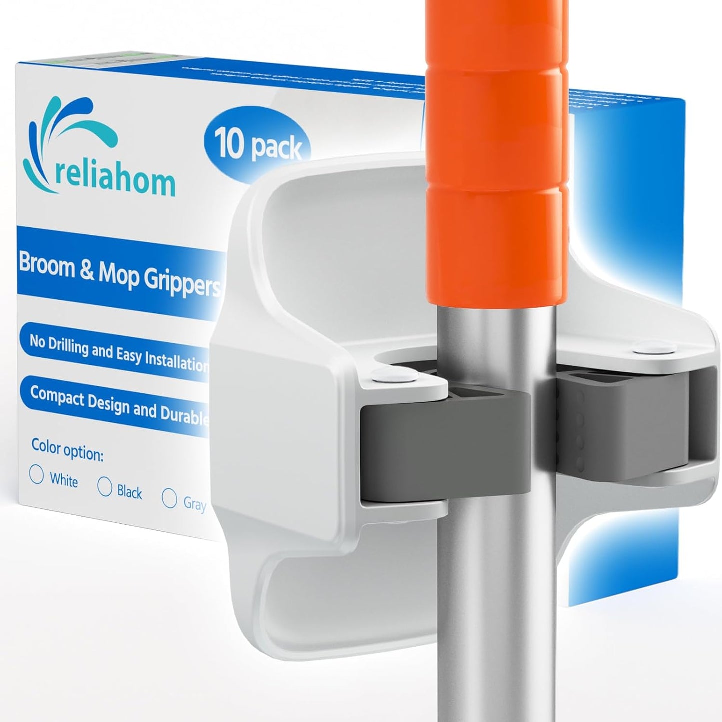 reliahom 10 Pack Broom Holder Wall Mount Mop Grippers No Drilling Self Adhesive Anti-Slip Mop Handle Hanger Dustpan and Broom Organizer Garage Storage Racks-White