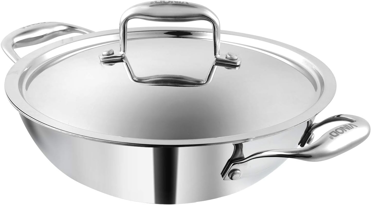 Vinod Platinum Triply Stainless Steel Kadai | Suitable For Indian Cooking, Sauces, Stews, Soups | Extra Deep Kadai With Lid | Induction, Electric Friendly (30cm)
