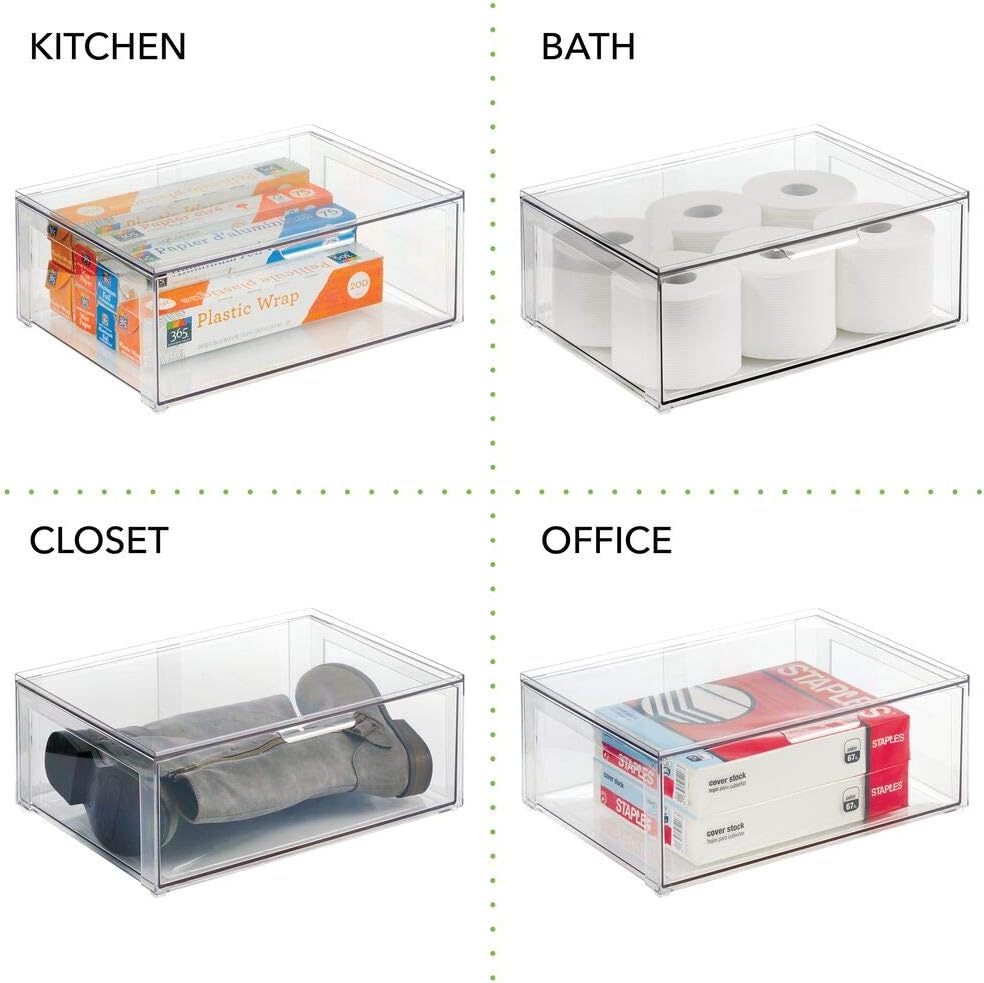 mDesign Plastic Stackable Closet Storage Organizer Bin Containers with Front Pull Drawer for Cabinet, Desk, Shelf, Cupboard, or Dresser Organization - Lumiere Collection - Clear