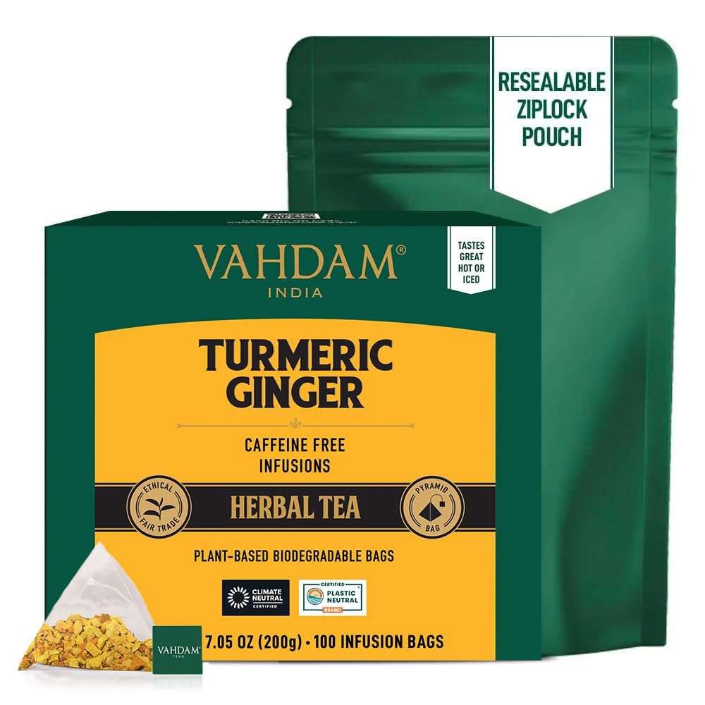 VAHDAM, Organic Turmeric Ginger Herbal Tea Bags (100 Pyramid Tea Bags) Caffeine Free, Non GMO | 100% Pure Herbal Blend - Savory & Spicy, Plant-Based Teabags | Resealable Ziplock Pouch