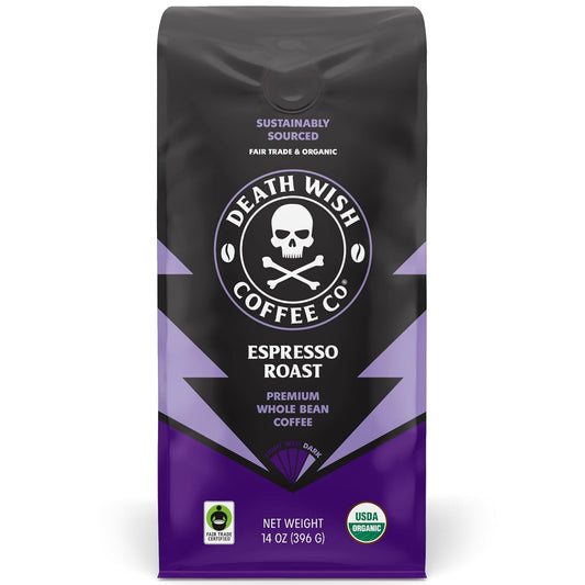 Death Wish Coffee, Whole Bean Espresso Roast - Organic, Fair Trade, Arabica and Robusta Coffee Beans, 14 ounce (Pack of 1)