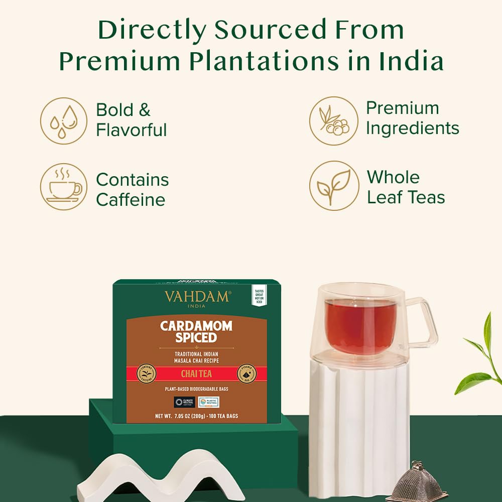 VAHDAM, Cardamom Masala Chai Tea Bags (100 Count) Non GMO, Gluten Free, No Artificial Flavor | Blended w/Exotic Spices | Chai Tea | Resealable Ziplock Pouch