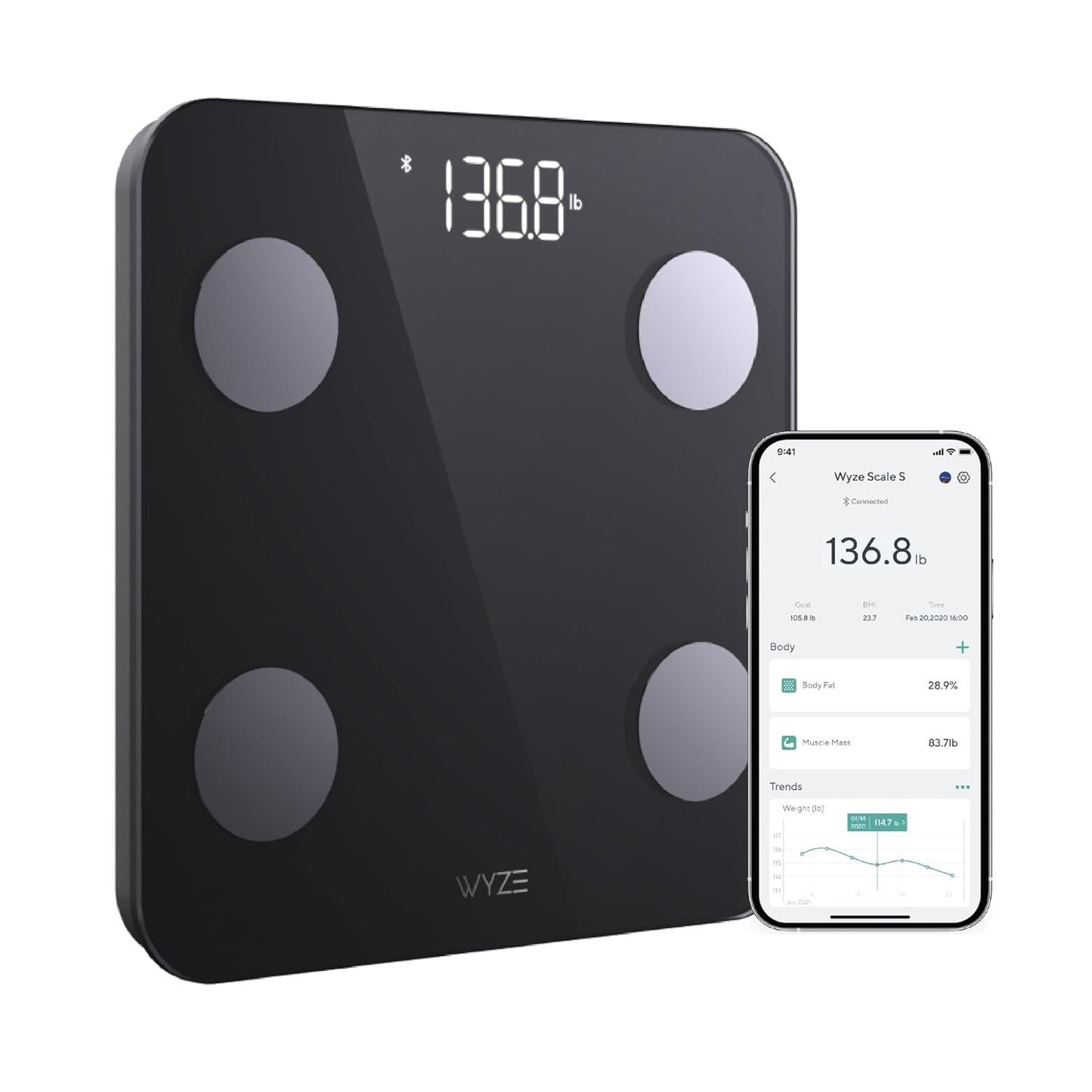Wyze Scale S, Scale for Body Weight, Digital Bathroom Scale for Body Fat, BMI, Muscle, Heart Rate, Body Composition Analyzer with App, Batteries Included, Bluetooth, 400 lb, Black
