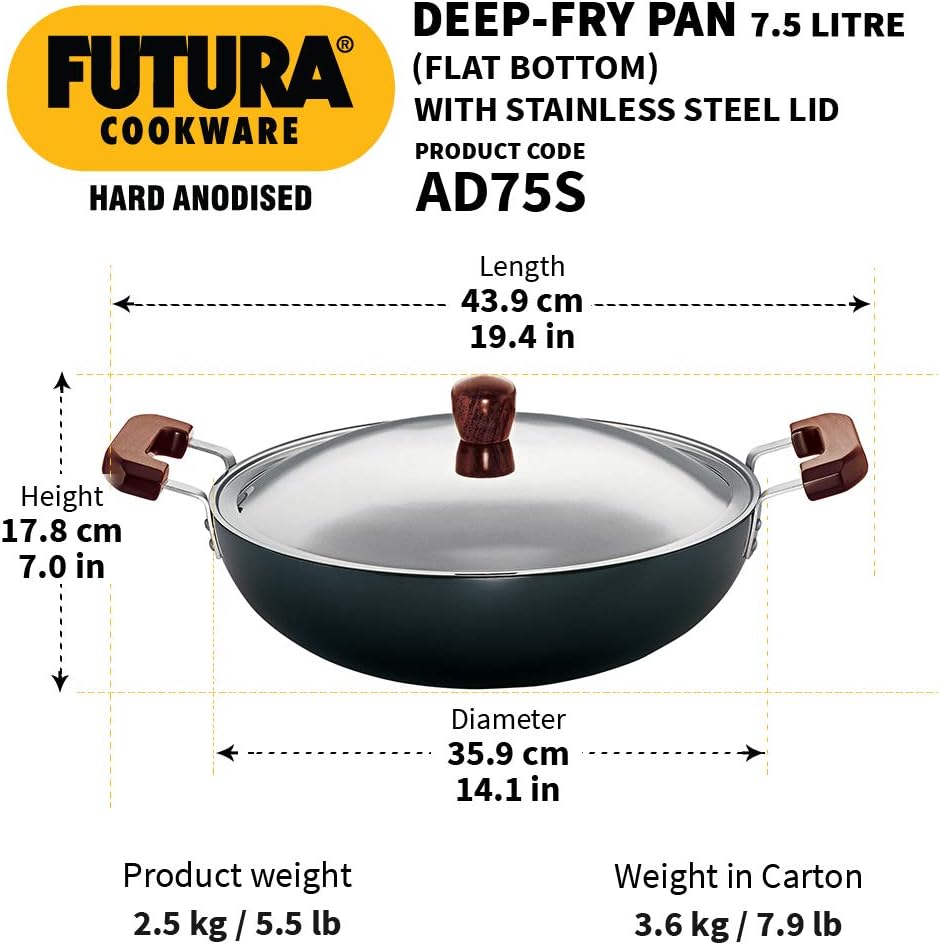 Hawkins Futura 7.5 Litre Deep Fry Pan, Hard Anodised Kadai with Stainless Steel Lid, Flat Bottom Kadhai, Big Kadai, Black (AD75S)