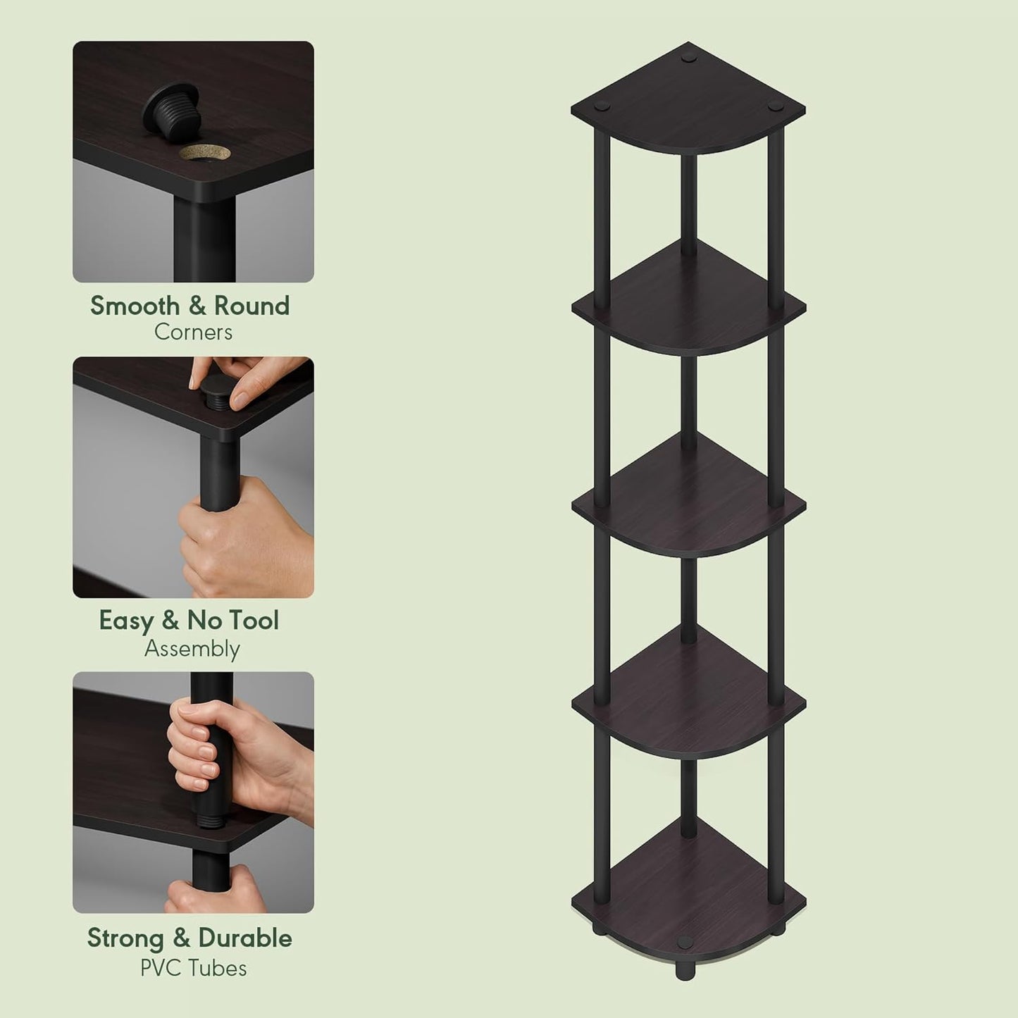 Furinno Turn-N-Tube Corner Shelf, 5-Tier Corner Bookshelf, Open Storage Shelves, for Organization and Storage, Living Room, Home Office, Garage, Bedroom, Dark Mocha