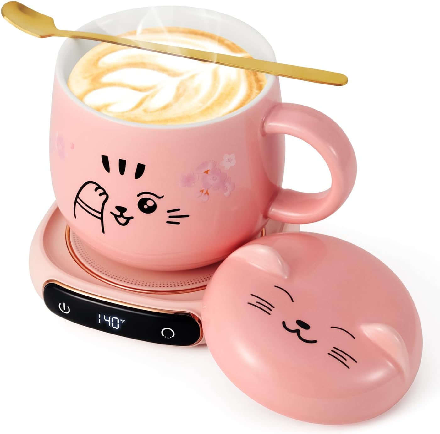Bsigo Electric LED Display Smart Coffee Mug Warmer & Cute Cat Mug Set, Beverage Cup Warmer for Desk, Warmer Plate for Milk Tea with 3-Temperature Settings (Up to 140℉/60℃), 8 Hour Auto Shut Off, Pink