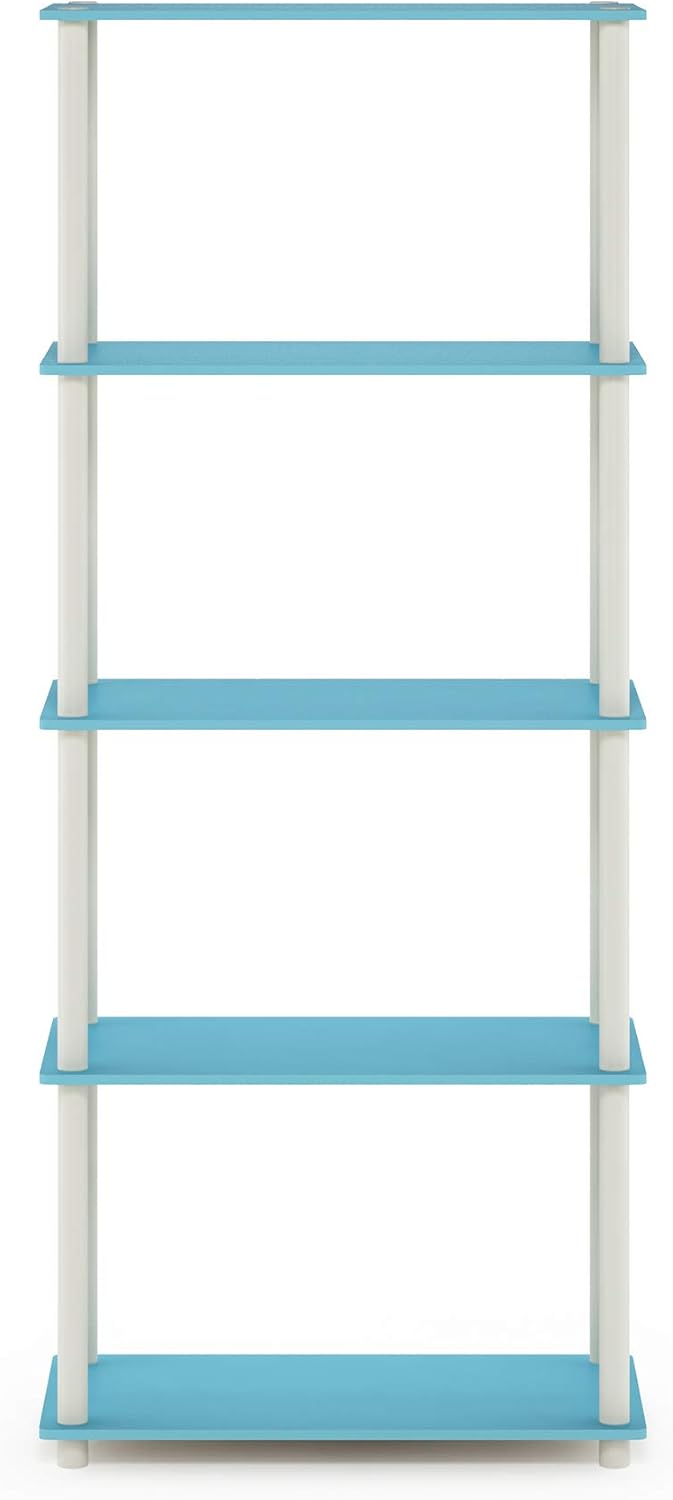Furinno TURN-N-TUBE Storage Shelves, 5-Tier Book Shelf, Corner Shelf, Toolless Open Shelves, for Organization and Storage, Living Room, Garage, Home Office, Light Blue