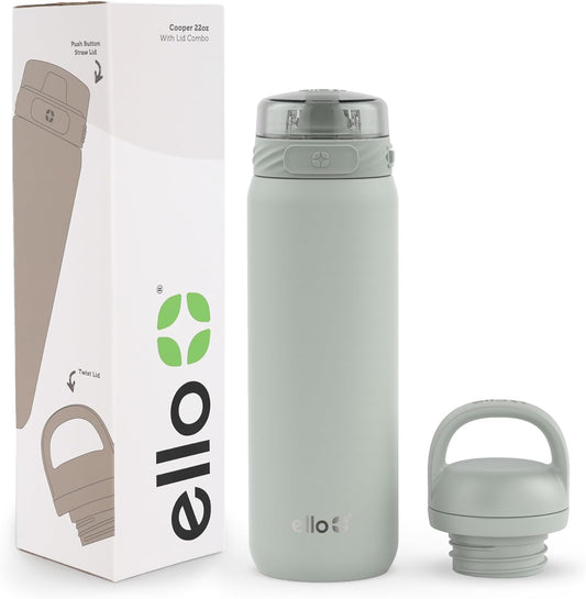 Ello Cooper 22oz Stainless Steel Water Bottle with 2 Lids Chug and Straw | Leak Proof Double Walled and Vacuum Insulated | Fits Car Cupholder | Built in Carry Loop | Dishwasher Safe | Sage