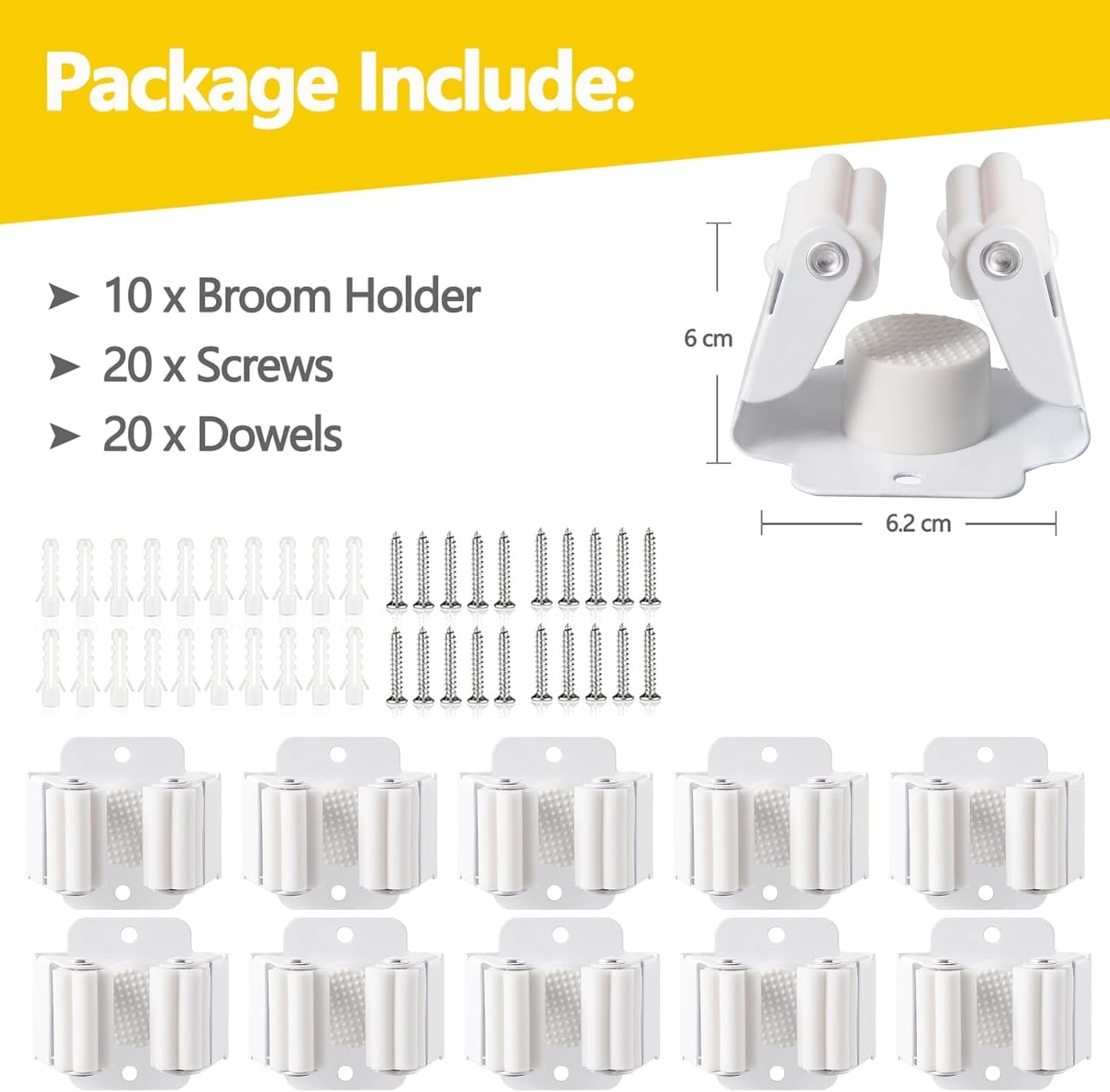 Verdenu 10 Pack Broom Holder Wall Mount, Mop and Broom Holder Wall Mount, Stainless Steel Command Mop Holder with Screws, Garden Tool Storage Organizer for Kitchen, Home, Bathroom, Garage, White