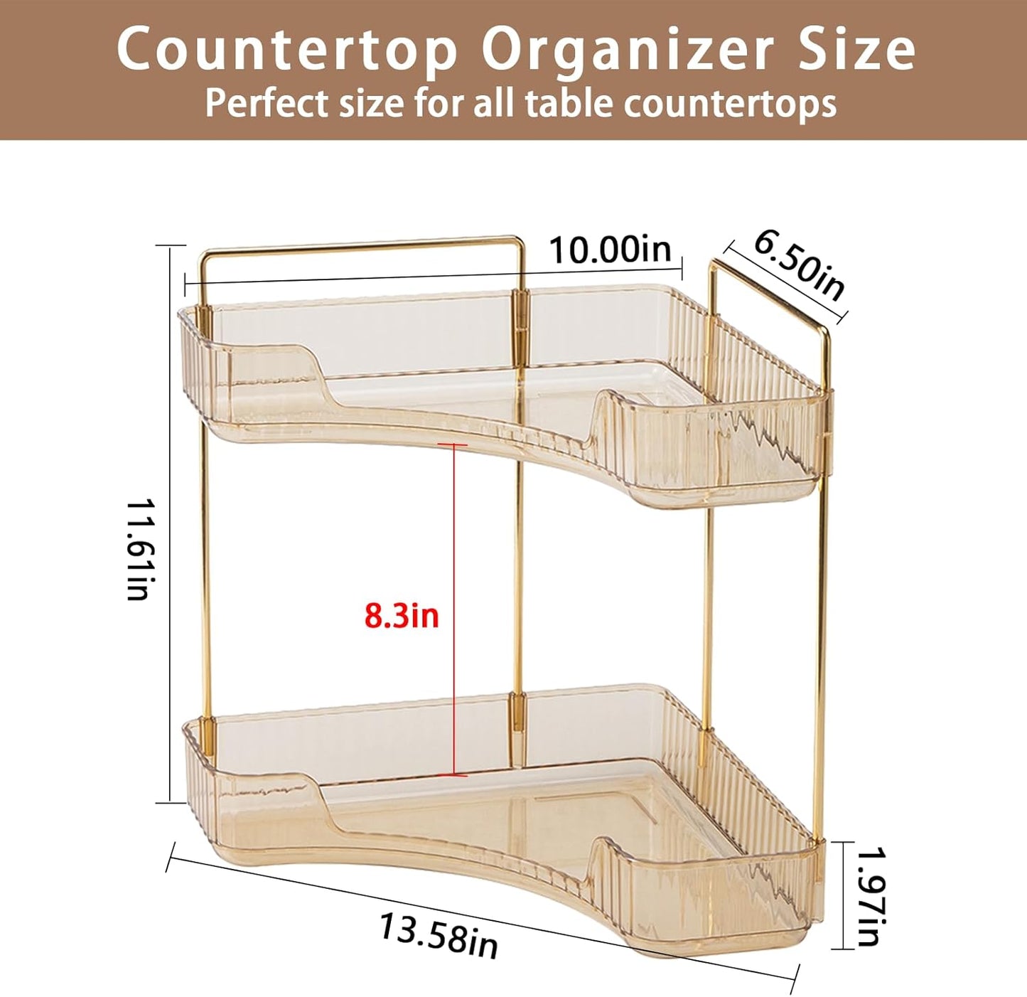 2-Tier Corner Bathroom Counter Organizer – Classic Storage Shelf for Makeup, Perfume & Toiletries, Space-Saving Countertop Tray Fits Bathroom, Dresser, Kitchen (Vintage Gold)