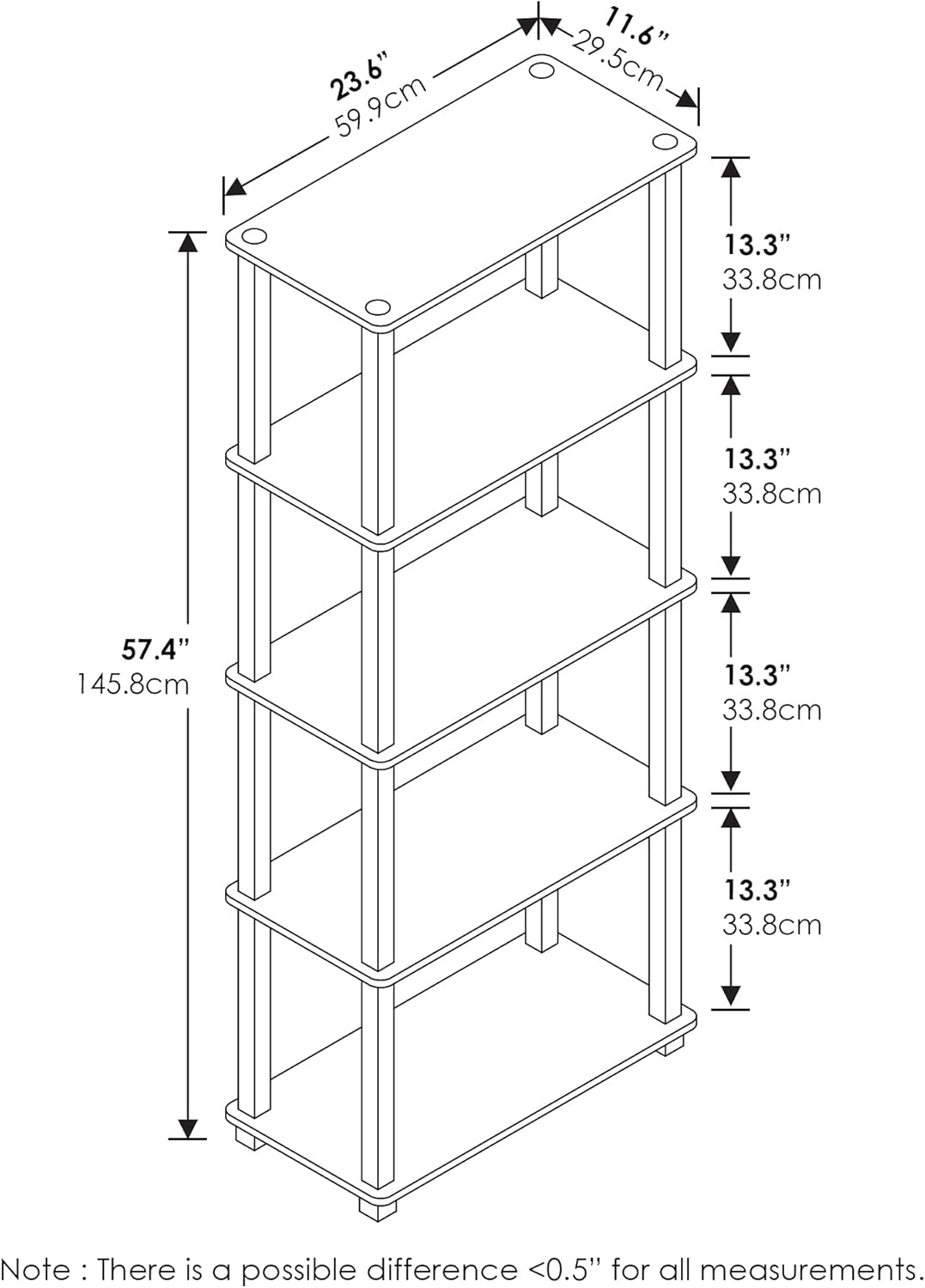 Furinno Turn-N-Tube 5-Tier Multipurpose Shelf / Display Rack / Storage Shelf / Bookshelf, Square Tubes, Black/Grey
