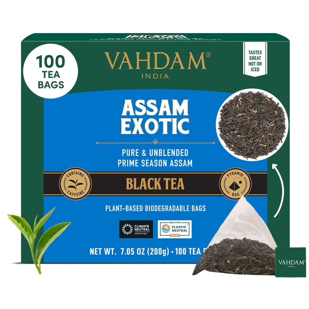 VAHDAM, Assam Exotic Black Tea Bags (100 Count) High Caffeine, Gluten Free, Full Bodied | Pyramid Tea Bags | Strong, Robust & Flavoury | Direct from Source