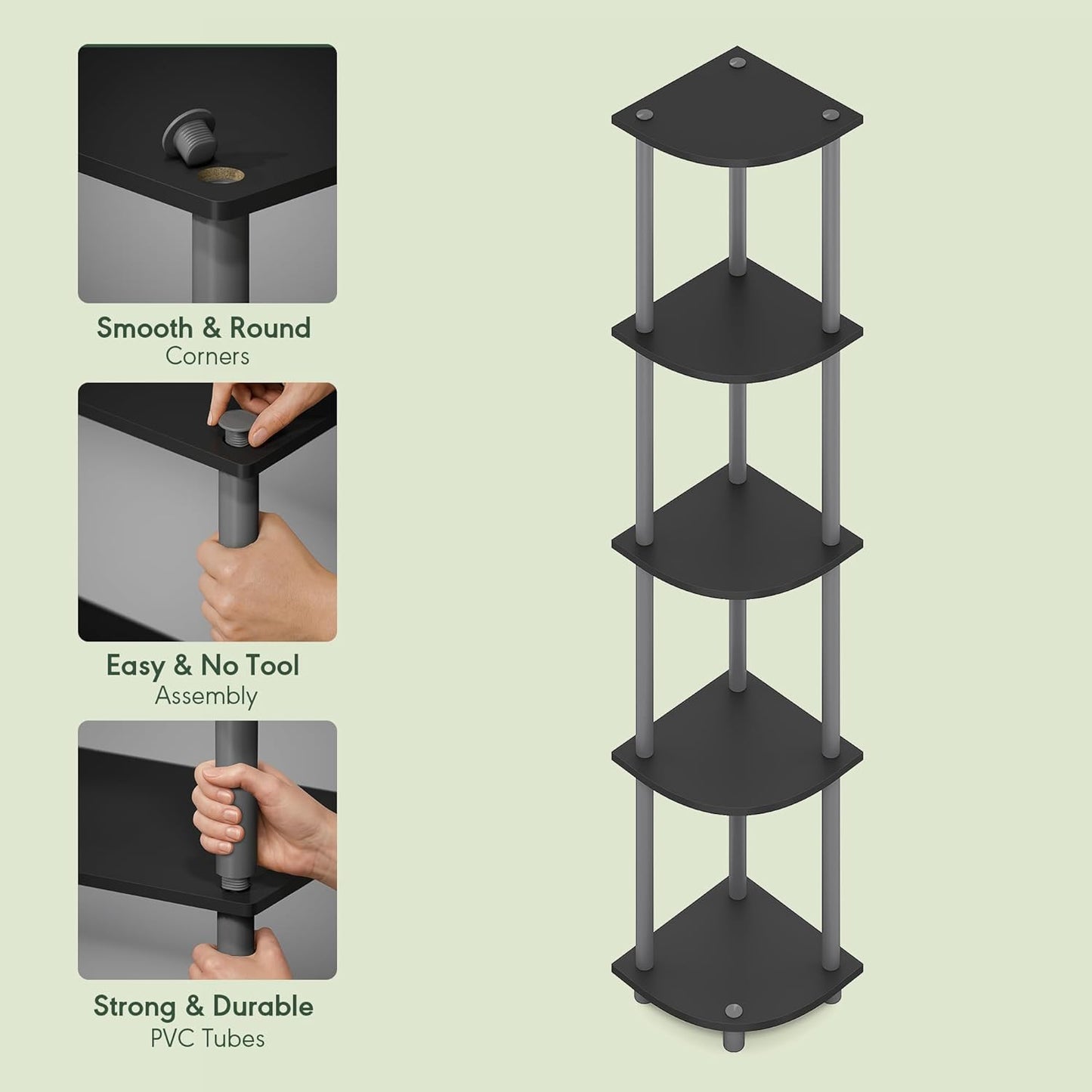 Furinno Turn-N-Tube Corner Shelf, 5-Tier Corner Bookshelf, Open Storage Shelves, for Organization and Storage, Living Room, Home Office, Garage, Bedroom, Plain Black